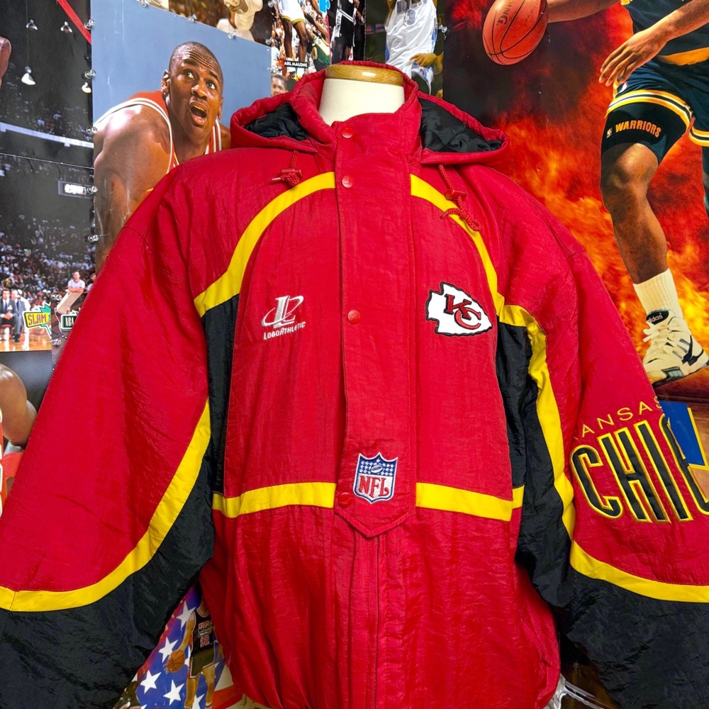 Vintage 90s Kansas City Chiefs‎ Logo Athletic NFL Puffer Jacket Red Black Sz 2XL